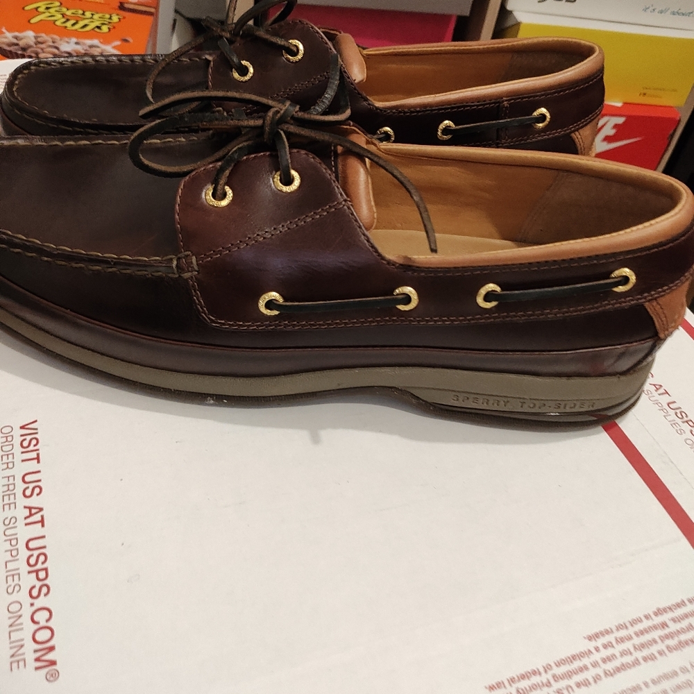 Sperry Brown Leather Boat Shoes with Tan Trim